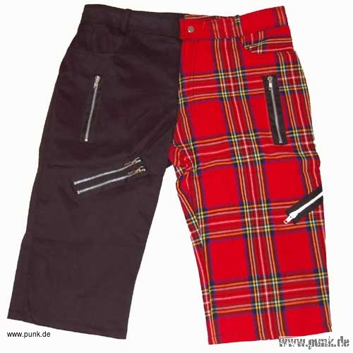 Sexypunk: Zip-Shorts, halb schwarz, halb rotes Schottenmuster
